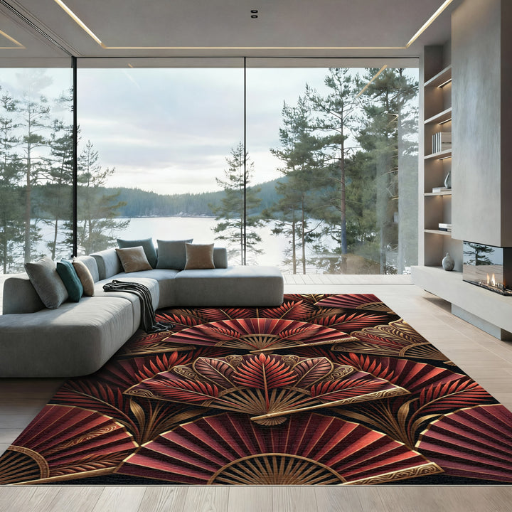 Art Deco Red Gold Fan Palm Rug