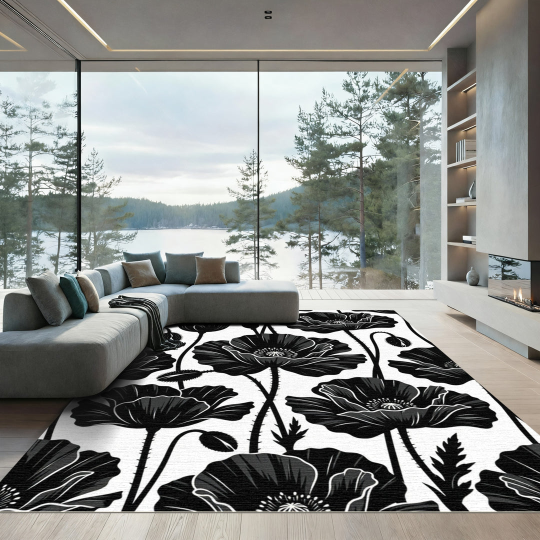 Black Poppy Floral Silhouette Rug