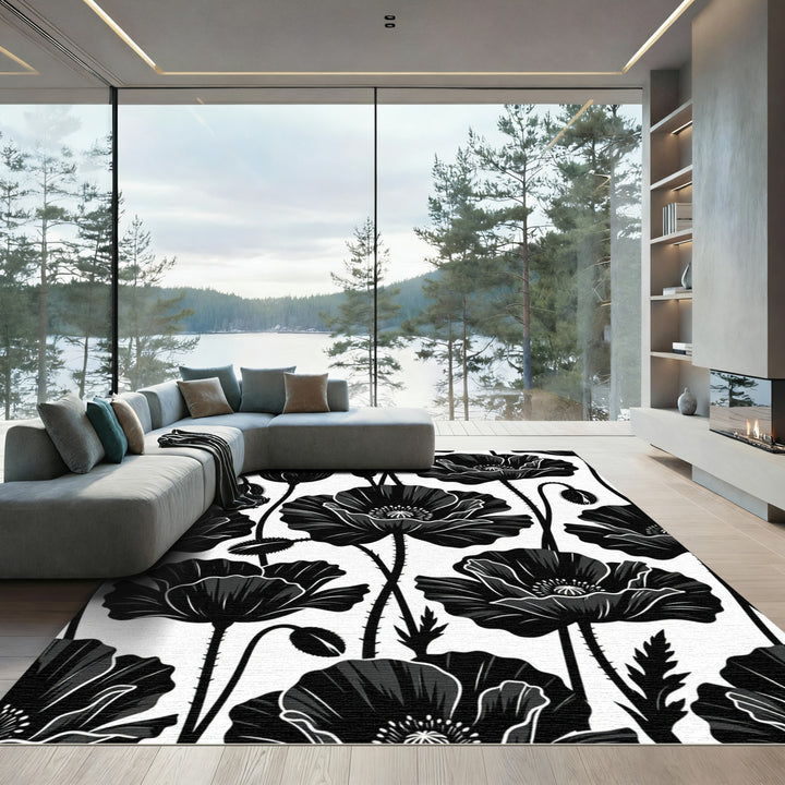 Black Poppy Floral Silhouette Rug