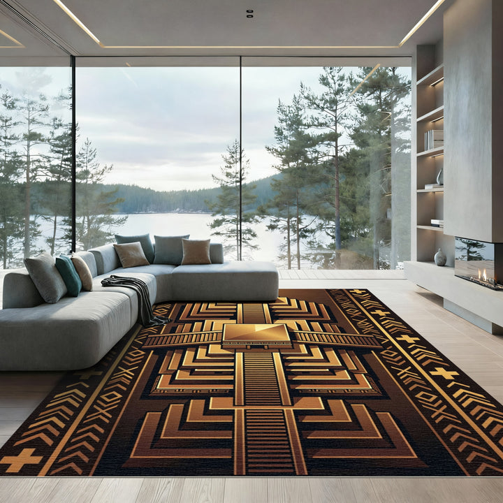 Golden Pyramid Staircase Art Deco Rug
