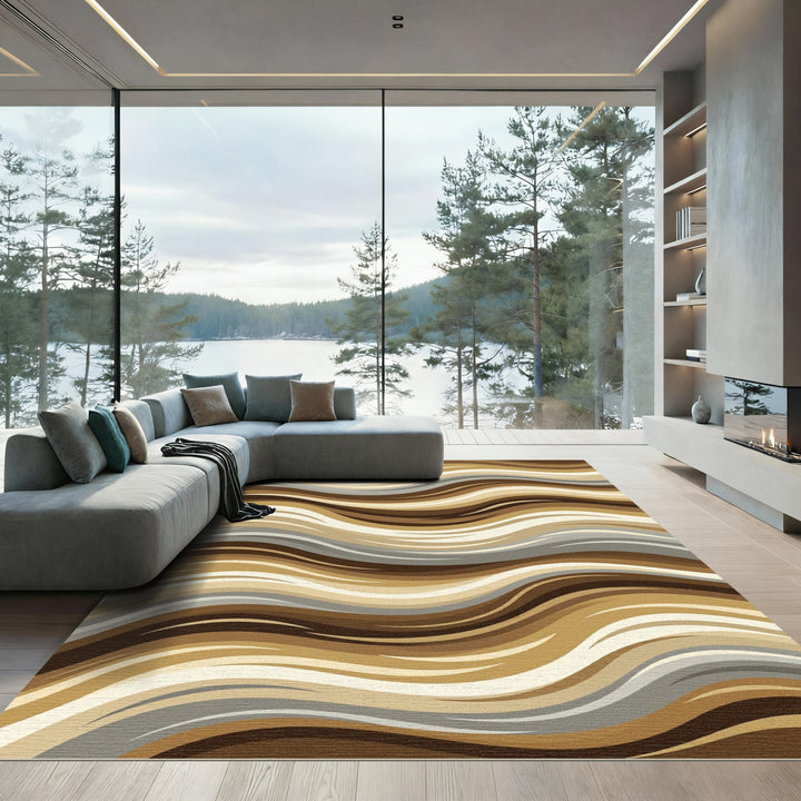 Earthy Brown Wave Abstract Rug