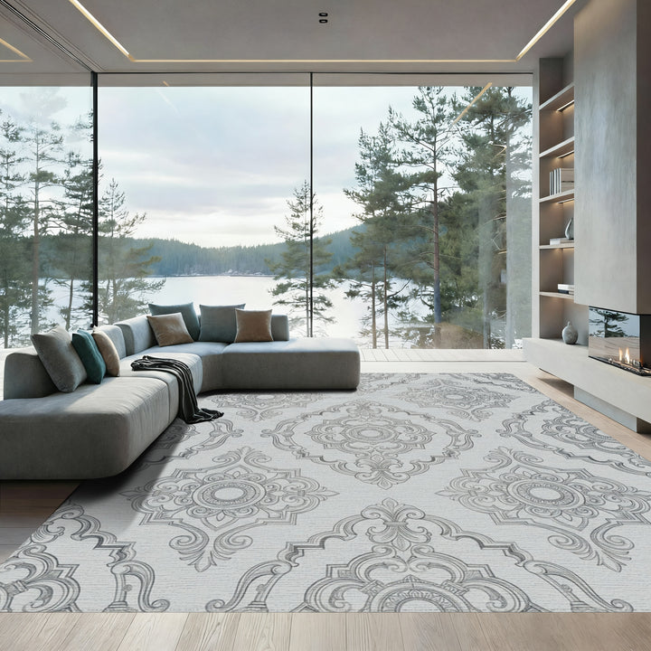 Ornate Gray Damask Medallion Rug