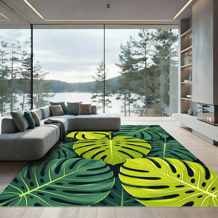 Lush Green Tropical Monstera Leaves Rug