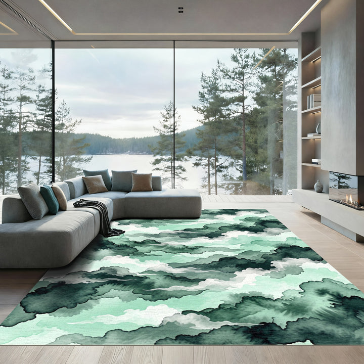 Deep Teal Clouds Abstract Wash Rug