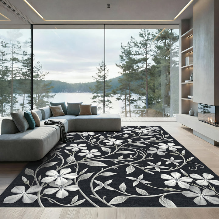 Elegant White Periwinkle Floral Vine Rug