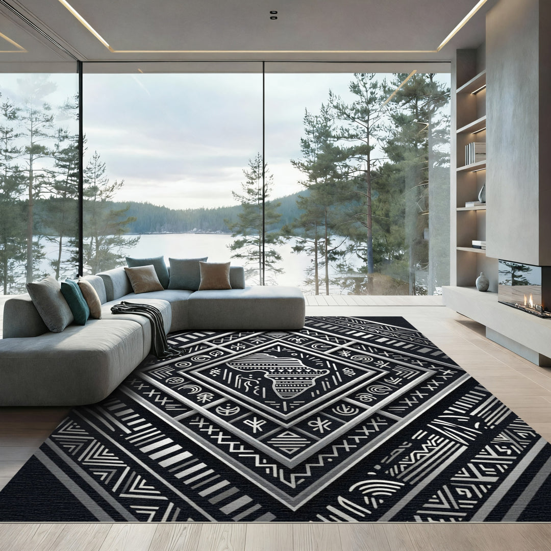 Tribal Black Silver Geometric Continent Rug