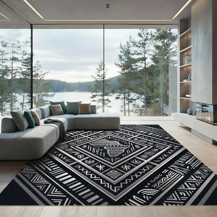 Tribal Black Silver Geometric Continent Rug