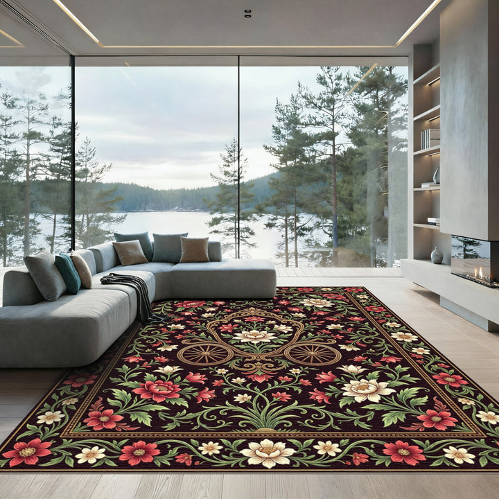 Antique Red Floral Carriage Motif Rug