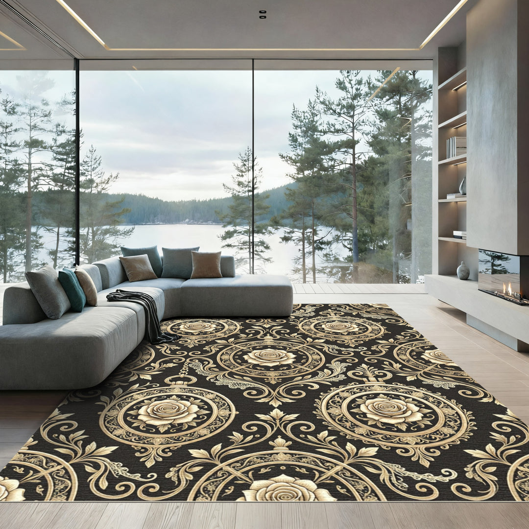Ornate Golden Rose Medallion Rug