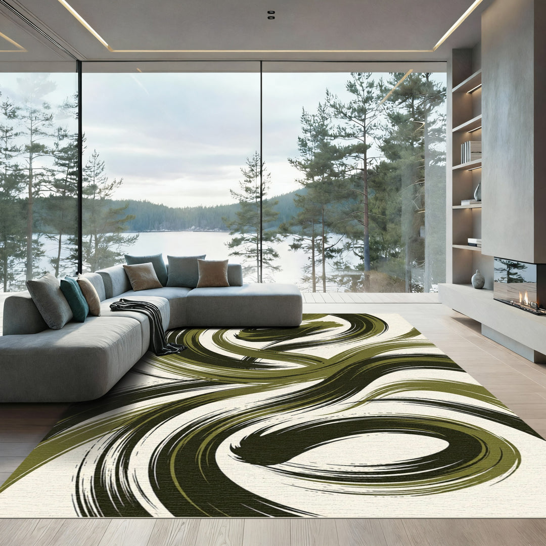 Elegant Olive Green Brushstroke Swirl Rug