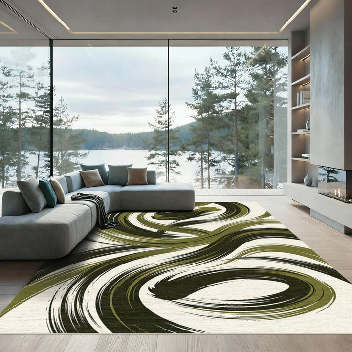 Elegant Olive Green Brushstroke Swirl Rug