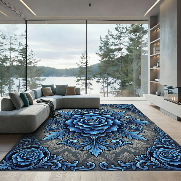 Intricate Blue Floral Ornament Tapestry Rug