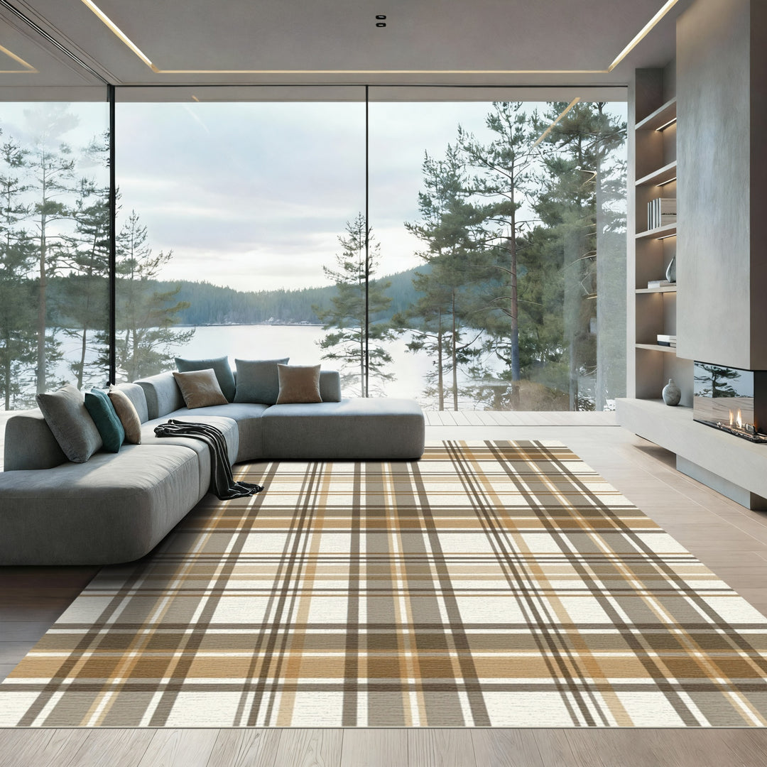 Classic Brown Tan Plaid Rug