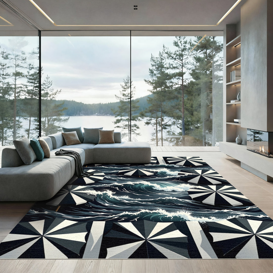 Black White Umbrella Waves Rug
