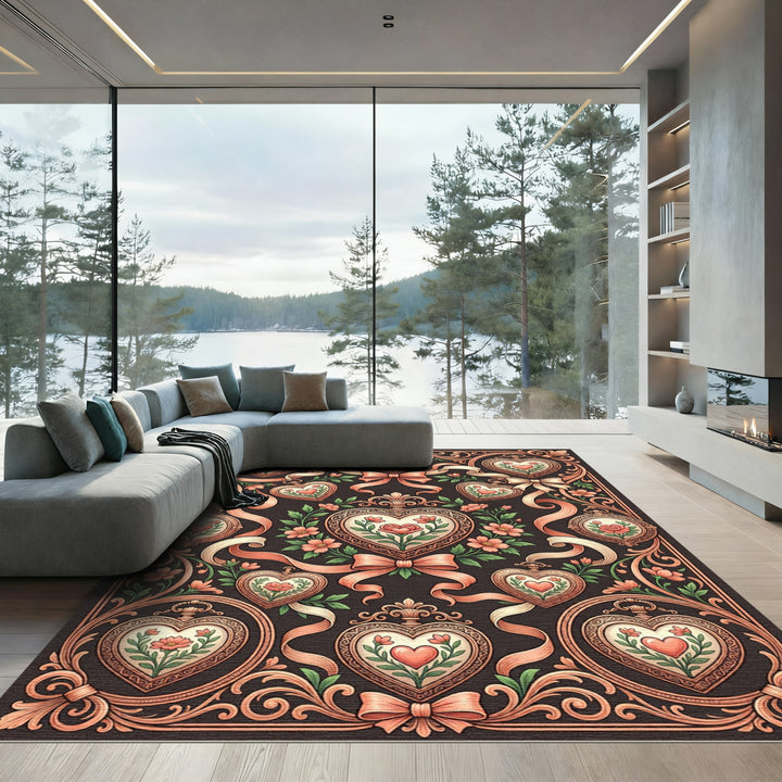 Ornate Heart Floral Ribbon Arrangement Rug