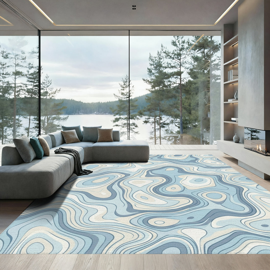 Blue Ivory Topographic Wave Rug