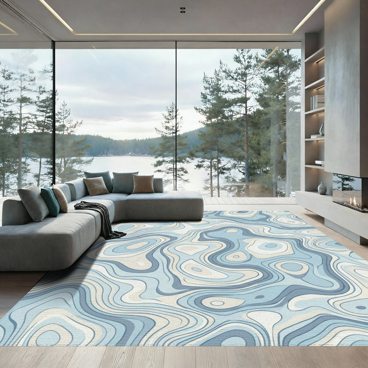 Blue Ivory Topographic Wave Rug
