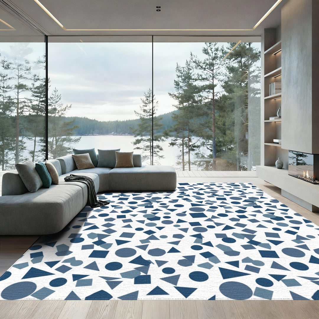 Dark Blue Geometric Shapes Collage Rug