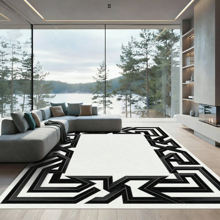 Bold Black Geometric Interlocking Frame Rug