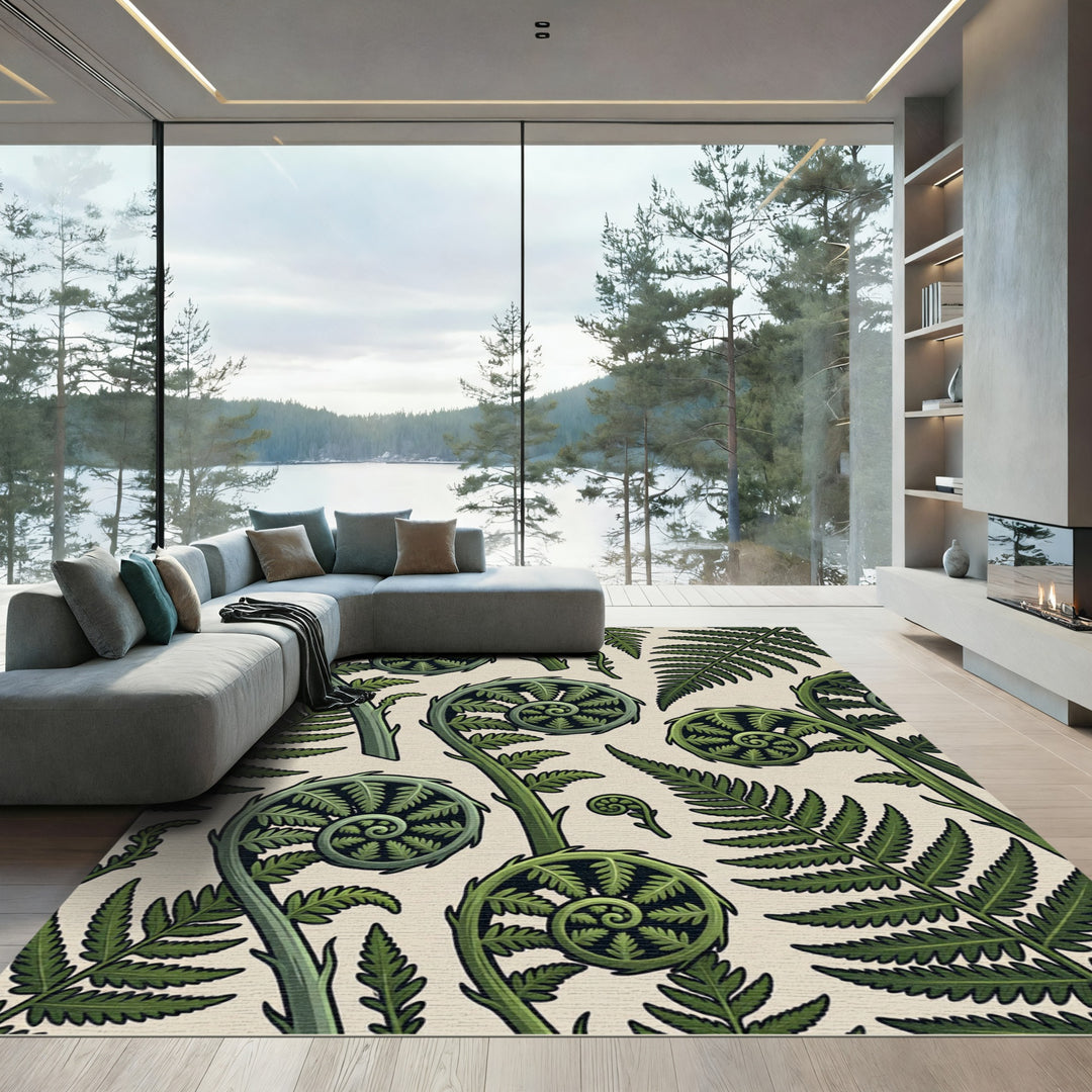 Green Fern Frond Spirals Botanical Rug