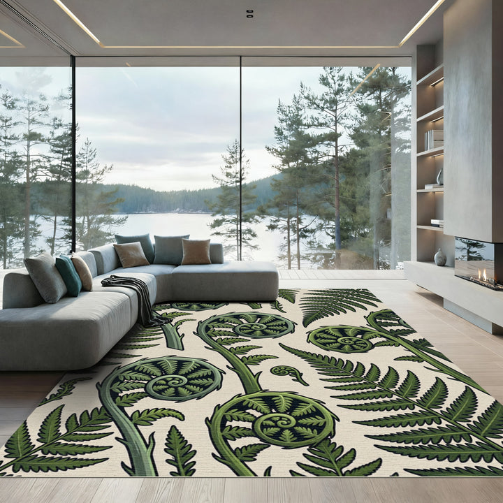 Green Fern Frond Spirals Botanical Rug