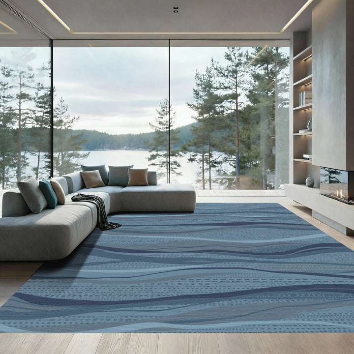 Deep Blue Wavy Textile Stripe Rug
