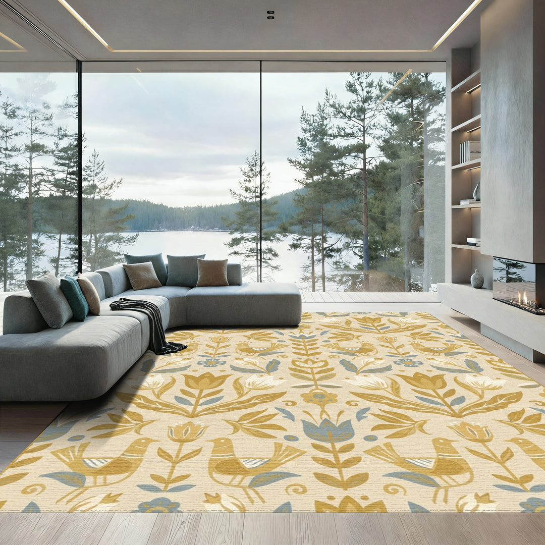 Golden Bird Floral Folk Art Rug