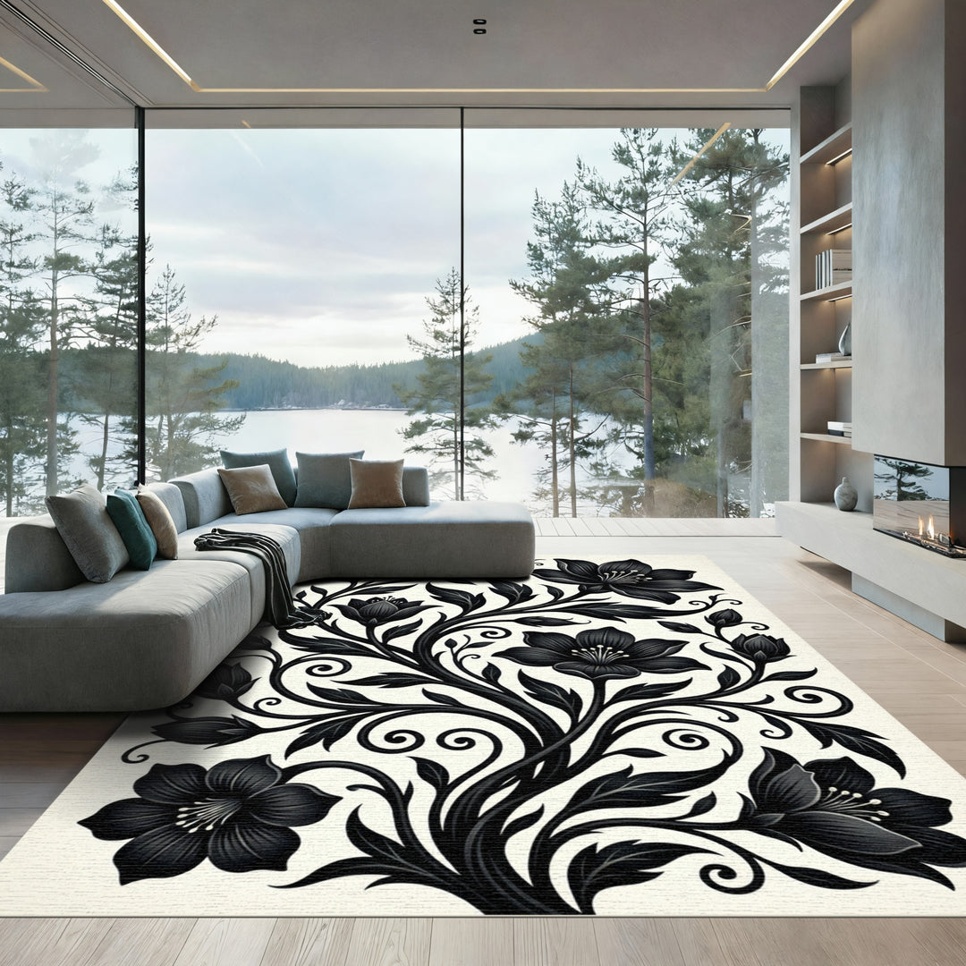 Black Floral Vine Scroll Rug