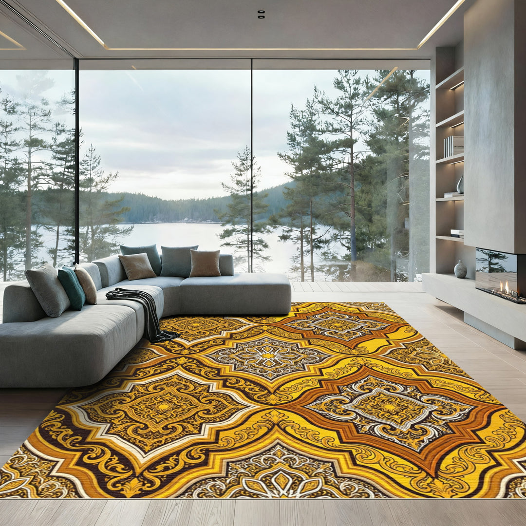 Golden Yellow Ornate Quatrefoil Medallion Rug