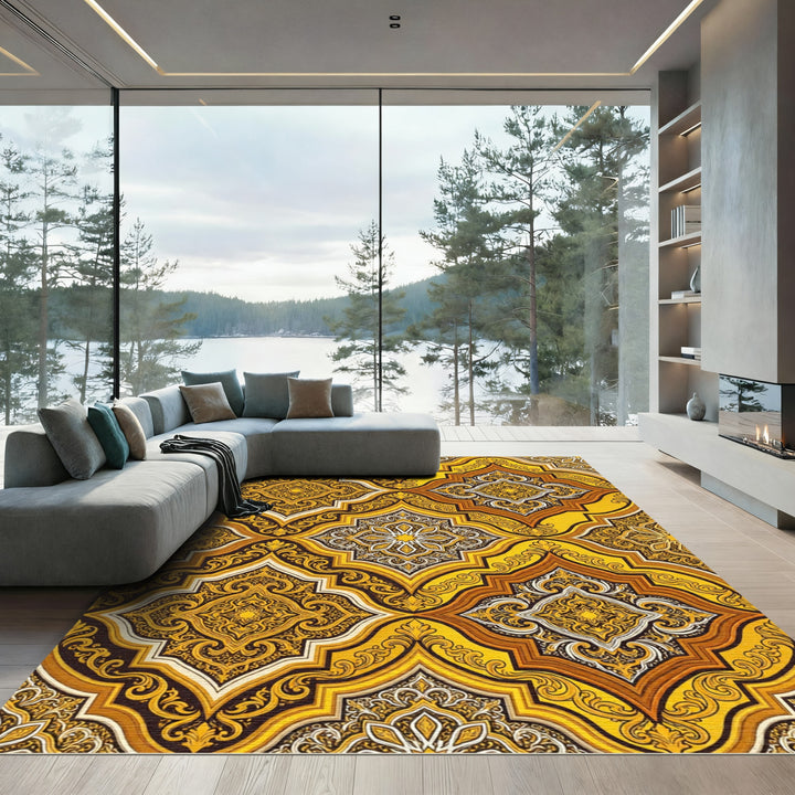 Golden Yellow Ornate Quatrefoil Medallion Rug