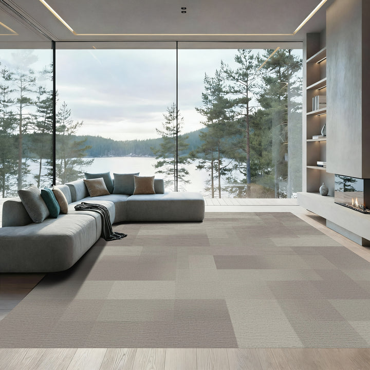 Neutral Tone Geometric Pixelated Overlay Rug