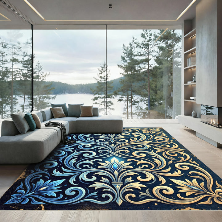 Elegant Blue Gold Floral Ornament Rug