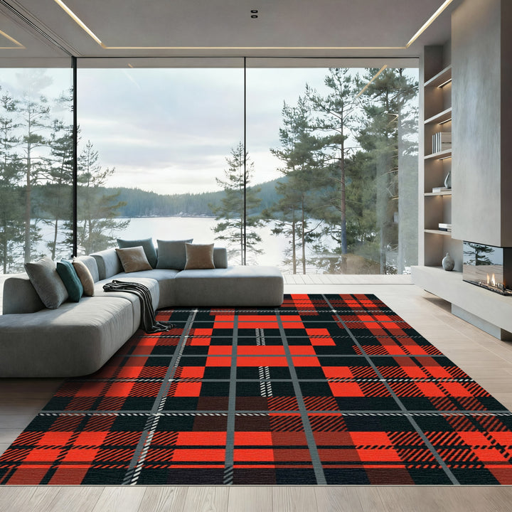 Bold Red Black Plaid Checks Rug