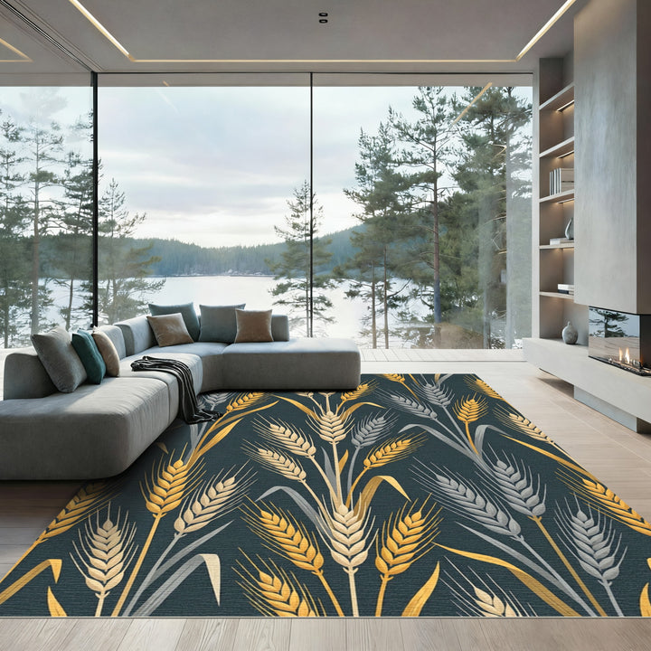 Golden Wheat Stalks on Dark Background Rug