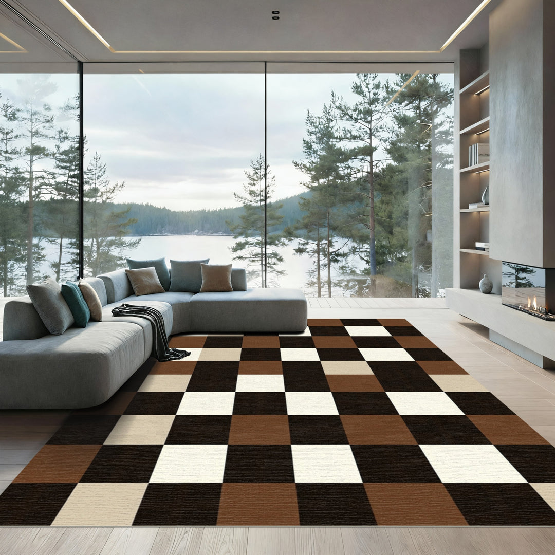 Brown Cream Black Checkerboard Squares Rug