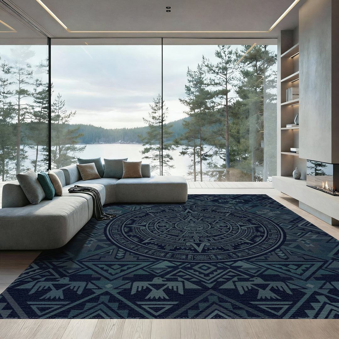 Deep Blue Aztec Sun Medallion Rug