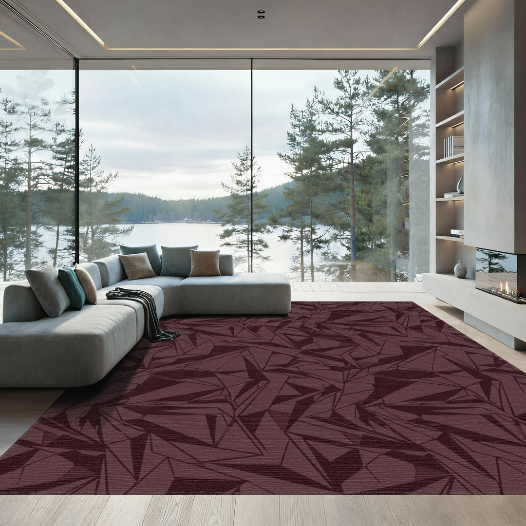 Deep Burgundy Cracked Geometric Abstract Rug