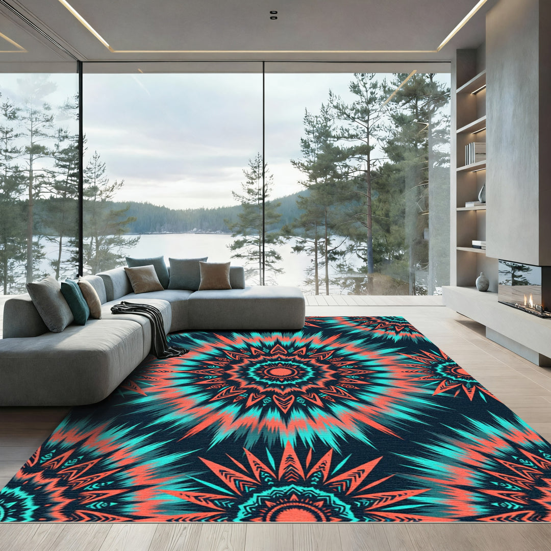 Coral Teal Radial Burst Rug