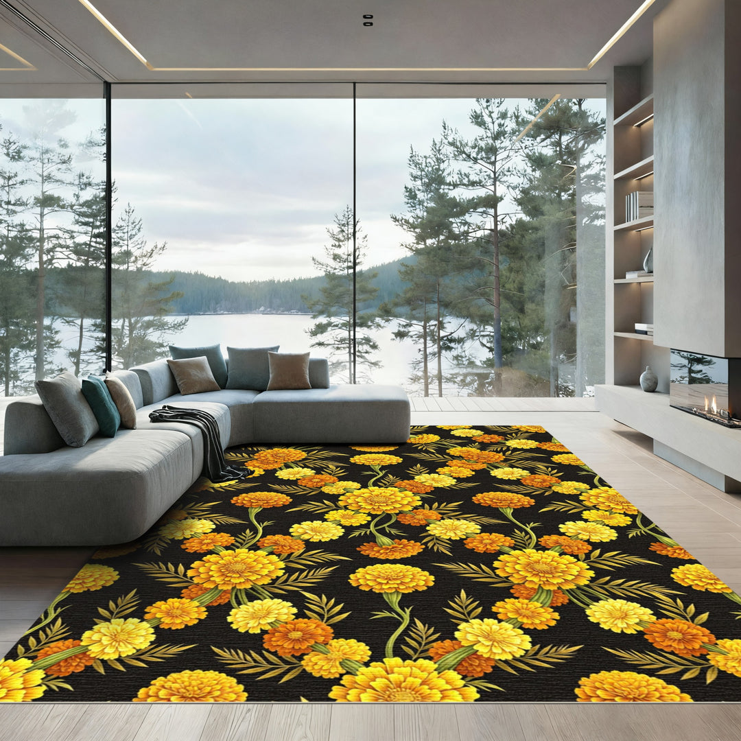 Vibrant Golden Marigold Flower Pattern Rug