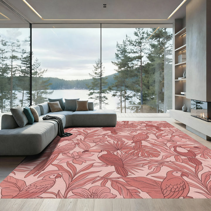 Coral Parrot Toucan Foliage Arrangement Rug