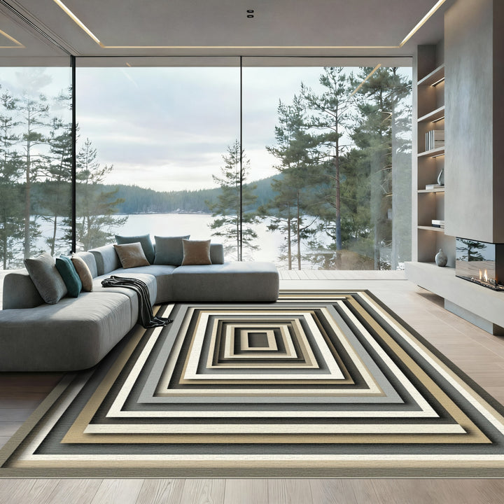 Abstract Neutral Tone Square Layered Rug