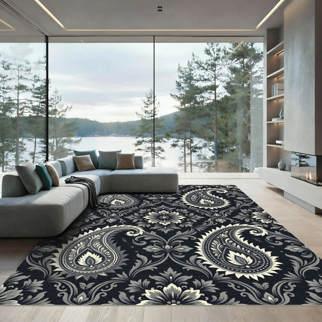 Elegant Black Paisley Floral Area Rug