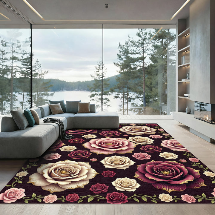 Burgundy Pink Rose Floral Garden Rug