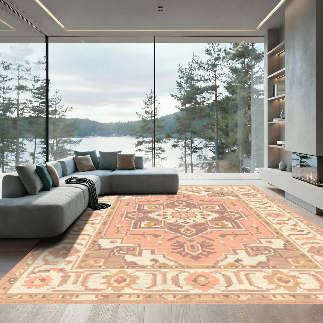 Peach Plum Floral Medallion Border Rug
