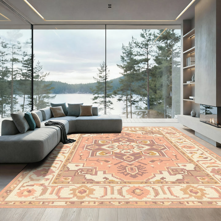Peach Plum Floral Medallion Border Rug