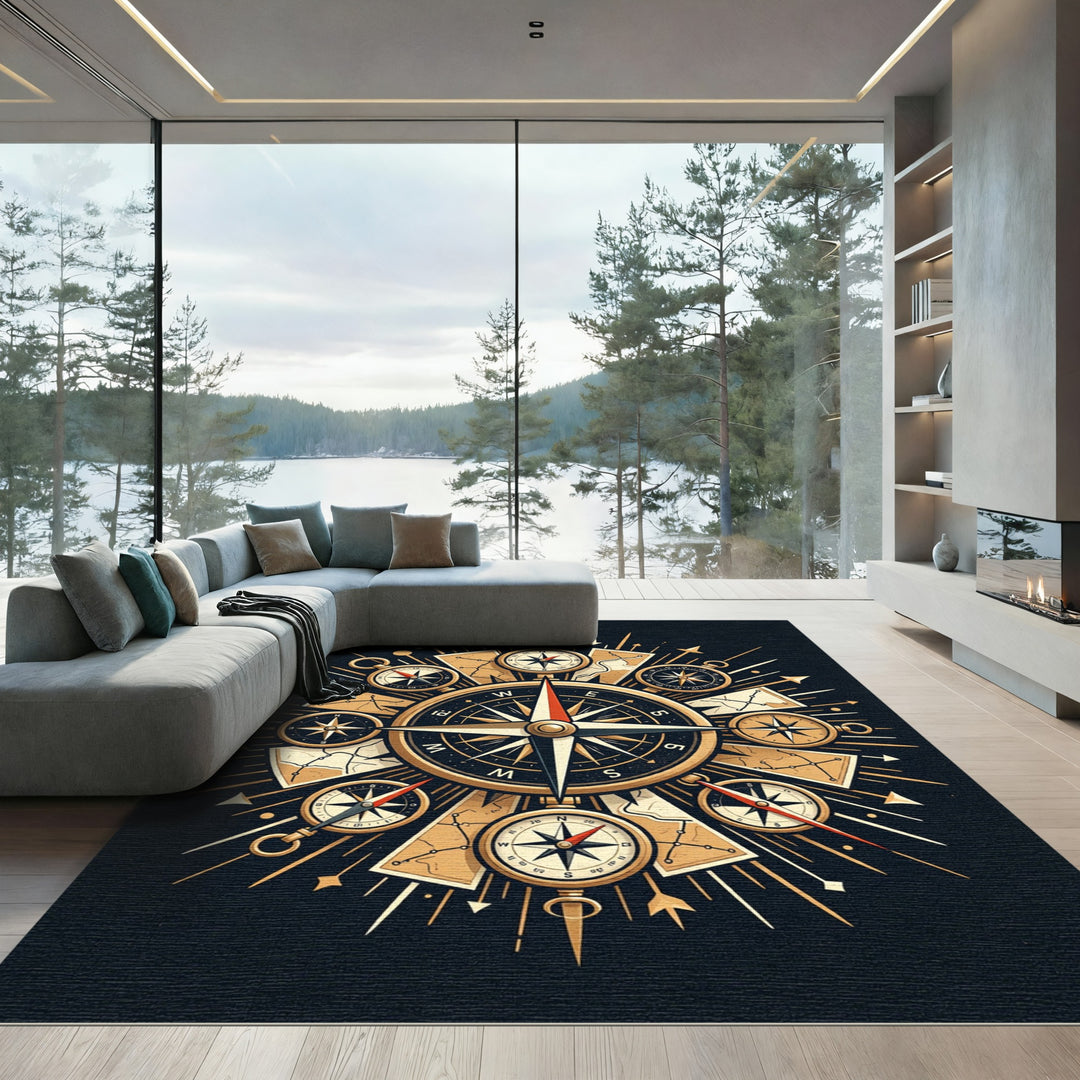 Vintage Compass Nautical Exploration Rug
