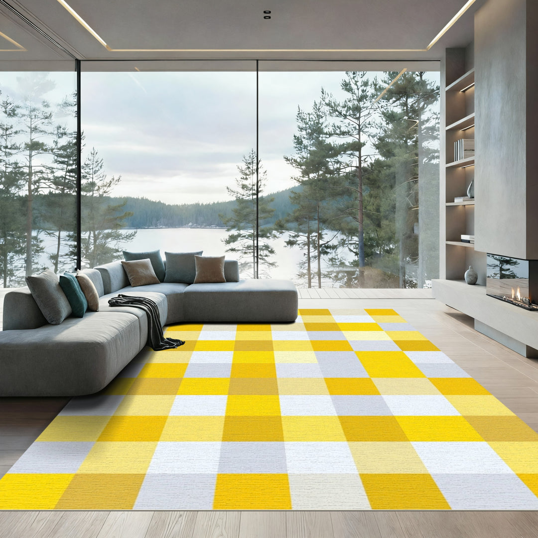 Bright Yellow Plaid Square Rug