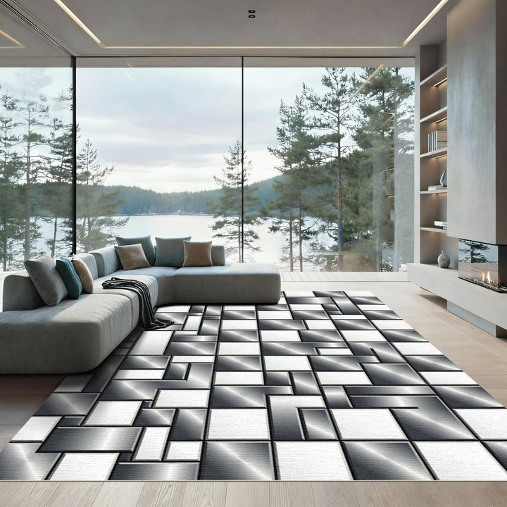 Metallic Gray Geometric Tile Rug