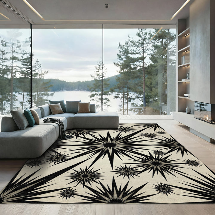 Sharp Starbursts Beige And Black Rug