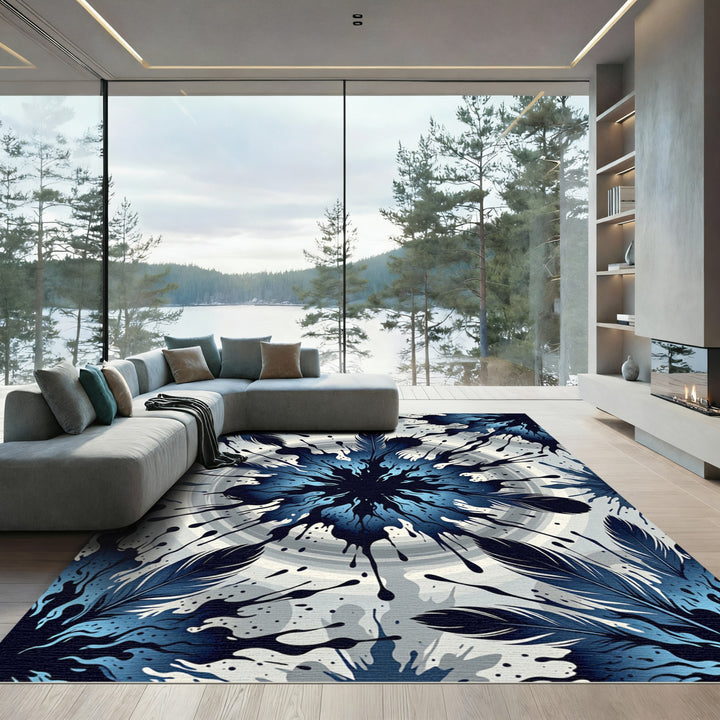 Deep Blue Feather Splatter Abstraction Rug